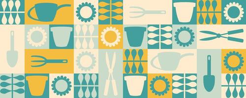 Gardening instruments, water cans and sun flowers geometric horizontal banner. Hand drawn summer print. vector