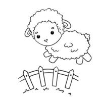 Cute sheep jumping over fence. Counting sheep to fall asleep. outline illustration for children. vector