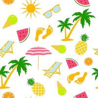 seamless pattern with summer elements. Umbrella, pineapple, watermelon and sunglasses on white vector