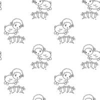 Seamless childish pattern with cute sheep jumping over fence. monochrome background for children. vector