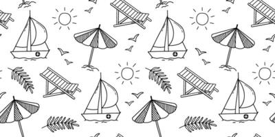 Seamless monochrome pattern on theme of summer beach holidays. Background with umbrella, sailboat, seagulls vector