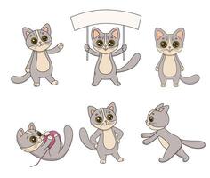 Hand drawn illustration character cat playing wool ball, holding banner and waving paw. Funny cartoon kitty isolated on white. childish illustrations set vector