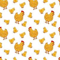 Seamless pattern with cute farm chicken and baby chick isolated on white background. repeat pattern vector