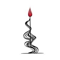 Burning candle with red flame, line art, fantasy shape, doodle hand-drawing, isolated sketch on white background. vector