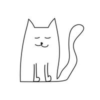 Funny smiling cat, sitting and sleeping, simple cartoon doddle hand drawing icon, black contour on white background vector