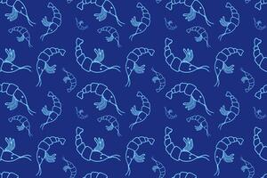 Shrimp seamless pattern, blue background for seafood menu with prawns, editable doodle hand drawing vector
