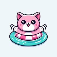 mascot of a cat swimming with a buoy in a cute and simple cartoon style vector