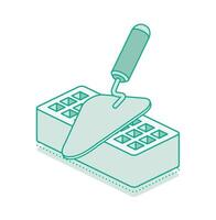 Isometric trowel and brick with holes. Outline 3D object isolated on white background. Infographics element. vector