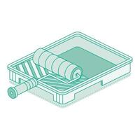 Isometric paint roller on tray. Outline object isolated on white background. Empty paint tray. vector