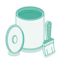 Isometric paint brush with open can and cap. Outline object isolated on white background. vector