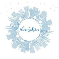 Outline Nur-Sultan Kazakhstan City Skyline with Blue Buildings and Copy Space. Nur-Sultan Cityscape with Landmarks. Tourism Concept with Modern Architecture. vector