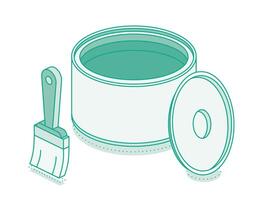 Isometric paint brush with open can and cap. Outline object isolated on white background. vector