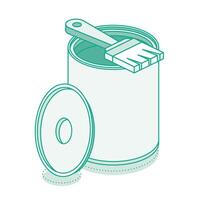 Isometric paint brush with open can and cap. Outline object isolated on white background. vector