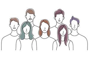 Group of people in a row looking in same direoodle continuous line art illustration. vector