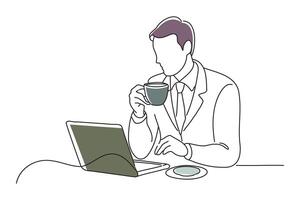 businessman thinking while working at a cafe, doodle continuous line art vector