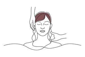 A woman receiving a scalp massage and the hands of the practitioner, doodle continuous line art vector
