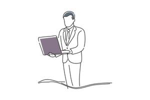 Futuristic Concept Data Center Chief Technology Officer Holding Laptop, doodle continuous line art vector