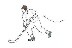 Professional Player Shooting the Puck with Hockey Stick, doodle continuous line art vector