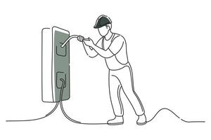 At hand of an electrician operating a breaker, doodle continuous line art vector