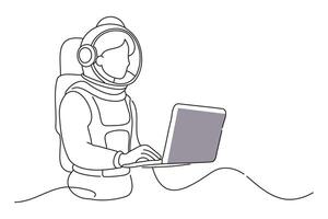 female Astronaut Using Laptop Computer in Space Inside a Spacecraft., doodle continuous line art vector