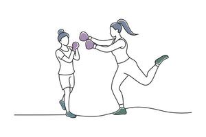 woman learning kickboxing from a personal trainer, doodle continuous line art vector