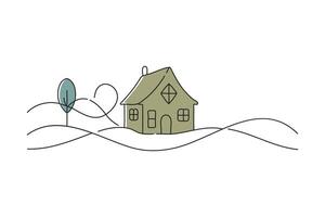 House and tree, doodle continuous line art illustration vector