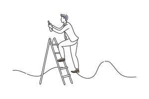 businessman climbing on a stepladder and writing, doodle continuous line art illustration vector