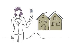 businesswoman explaining the key points of choosing real estate in the office, doodle continuous line art illustration. vector