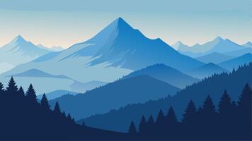 Panorama of the summer morning in the foggy Carpathian mountains. Flat vector