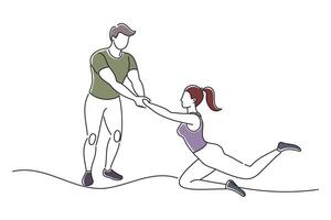 Woman doing hamstring stretches with partner, doodle continuous line art vector