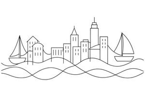 Bay with city continuous line art illustration on white background vector