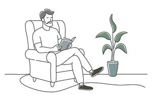 man relaxing in the living room, doodle continuous line art vector