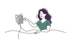 Woman setting an alarm clock and going to sleep, doodle continuous line art vector