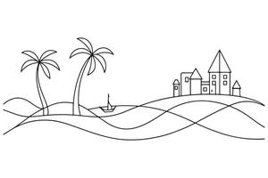 Bays with village continuous line art illustration on white background vector
