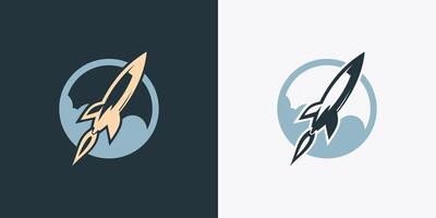 Rocket with cloud smoke in the circle logo . Spaceship launch space illustration vector