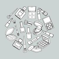 Hand drawn outline items of cosmetics in the form of a circle on a gray background. Makeup background vector