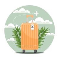 Summer background with travel suitcase and airplane against the sky with clouds. Vacation and travel concept. Illustration. vector