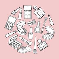 Hand drawn outline items of cosmetics in the form of a circle on a pink background. Makeup background vector