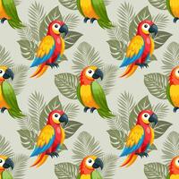 Seamless pattern, cute colorful parrots on a fog of tropical leaves. Cute macaw birds. Design for textile, background, print vector