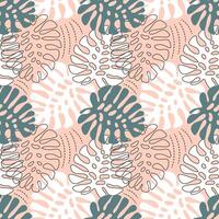 Seamless pattern, contour and colored monstera leaves. Background, tropical print, textile vector