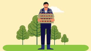 person in a farm field with nature trees background illustration vector