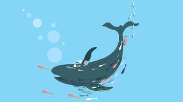 whale in the ocean with small fishes around it illustration vector