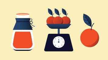 Orange juice preparation recipe with scale and jar icons vector