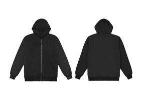 Blank flat black zipper hoodie. Hoodie sweatshirt with long sleeve flatlay mockup for design and print. Hoody front and back top view isolated on white background photo
