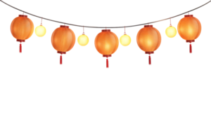 Chinese lanterns hanging with string lights on transparent background png