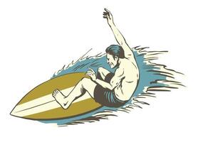 Man Surfing The Wave with Surfboard on White Background Vintage vector
