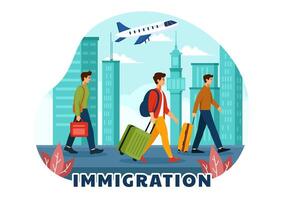 Immigration Illustration, Movement of People with Document Visa and Passport for Relocating to Another Country in a Flat Cartoon Background vector