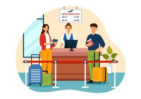 Immigration Illustration, Movement of People with Document Visa and Passport for Relocating to Another Country in a Flat Cartoon Background vector