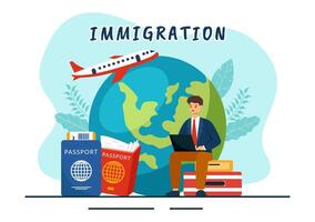 Immigration Illustration, Movement of People with Document Visa and Passport for Relocating to Another Country in a Flat Cartoon Background vector