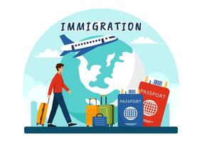 Immigration Illustration, Movement of People with Document Visa and Passport for Relocating to Another Country in a Flat Cartoon Background vector
